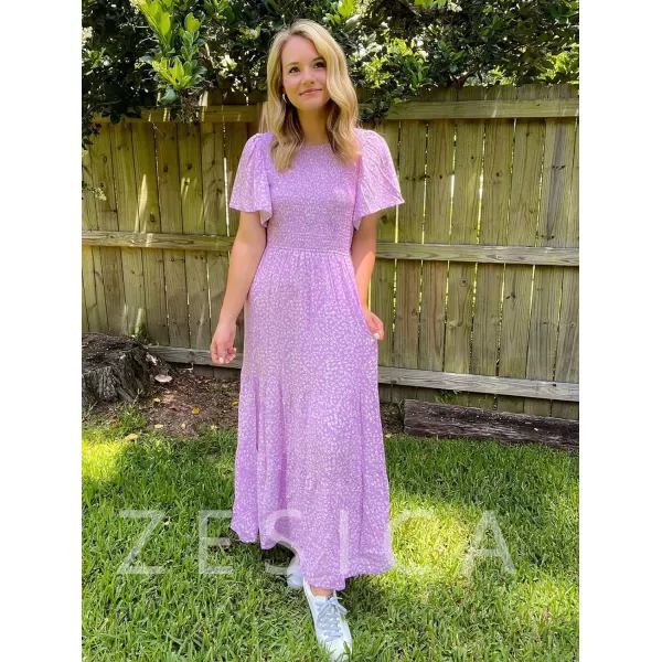imageZESICA Womens 2023 Summer Casual Floral Print Short Flutter Sleeve Crew Neck Smocked High Waist Flowy Maxi DressPurple