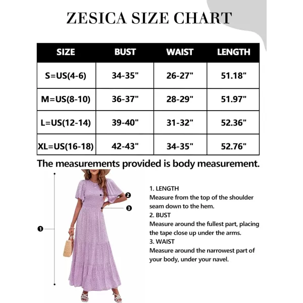 imageZESICA Womens 2023 Summer Casual Floral Print Short Flutter Sleeve Crew Neck Smocked High Waist Flowy Maxi DressPurple