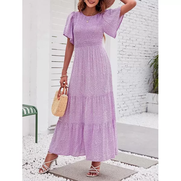 imageZESICA Womens 2023 Summer Casual Floral Print Short Flutter Sleeve Crew Neck Smocked High Waist Flowy Maxi DressPurple