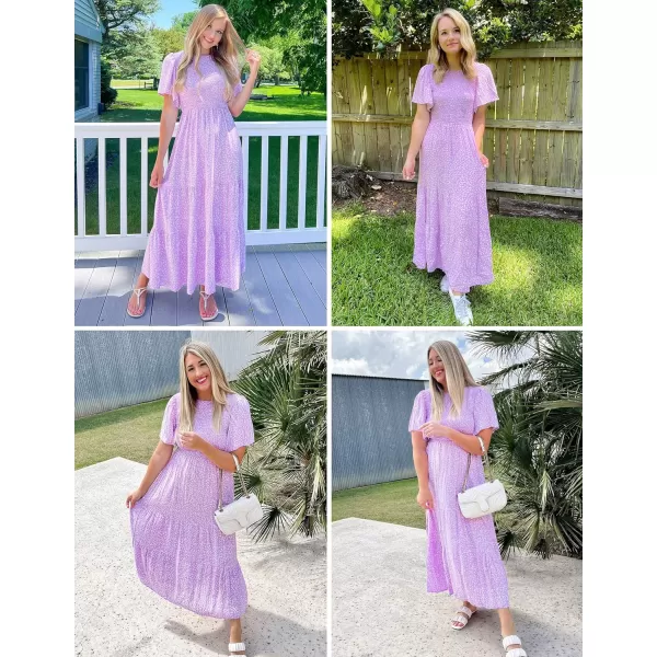 imageZESICA Womens 2023 Summer Casual Floral Print Short Flutter Sleeve Crew Neck Smocked High Waist Flowy Maxi DressPurple