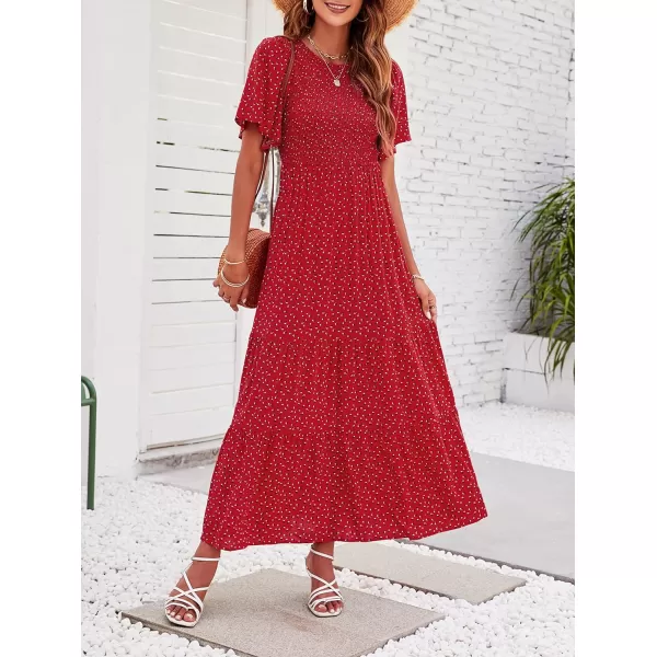 imageZESICA Womens 2023 Summer Casual Floral Print Short Flutter Sleeve Crew Neck Smocked High Waist Flowy Maxi DressRed
