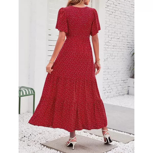 imageZESICA Womens 2023 Summer Casual Floral Print Short Flutter Sleeve Crew Neck Smocked High Waist Flowy Maxi DressRed