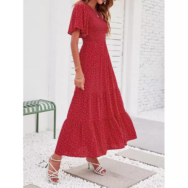 imageZESICA Womens 2023 Summer Casual Floral Print Short Flutter Sleeve Crew Neck Smocked High Waist Flowy Maxi DressRed