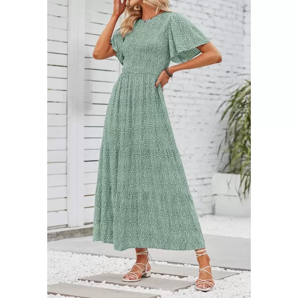 imageZESICA Womens 2023 Summer Casual Floral Print Short Flutter Sleeve Crew Neck Smocked High Waist Flowy Maxi DressSage
