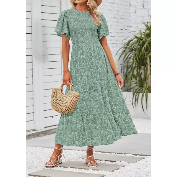 imageZESICA Womens 2023 Summer Casual Floral Print Short Flutter Sleeve Crew Neck Smocked High Waist Flowy Maxi DressSage