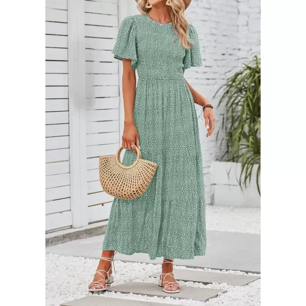 imageZESICA Womens 2023 Summer Casual Floral Print Short Flutter Sleeve Crew Neck Smocked High Waist Flowy Maxi DressSage