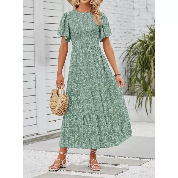 imageZESICA Womens 2023 Summer Casual Floral Print Short Flutter Sleeve Crew Neck Smocked High Waist Flowy Maxi DressSage