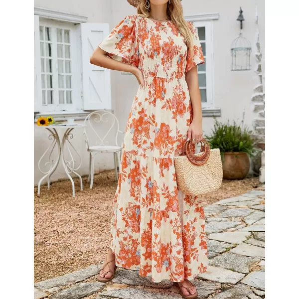 imageZESICA Womens 2023 Summer Casual Floral Print Short Flutter Sleeve Crew Neck Smocked High Waist Flowy Maxi DressTangerine
