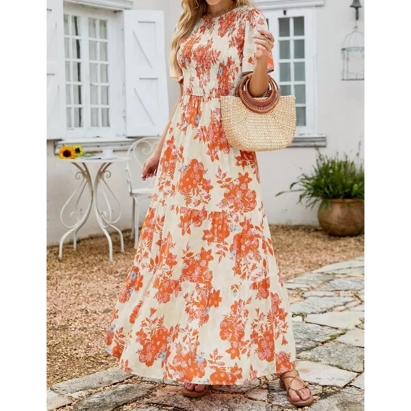 imageZESICA Womens 2023 Summer Casual Floral Print Short Flutter Sleeve Crew Neck Smocked High Waist Flowy Maxi DressTangerine