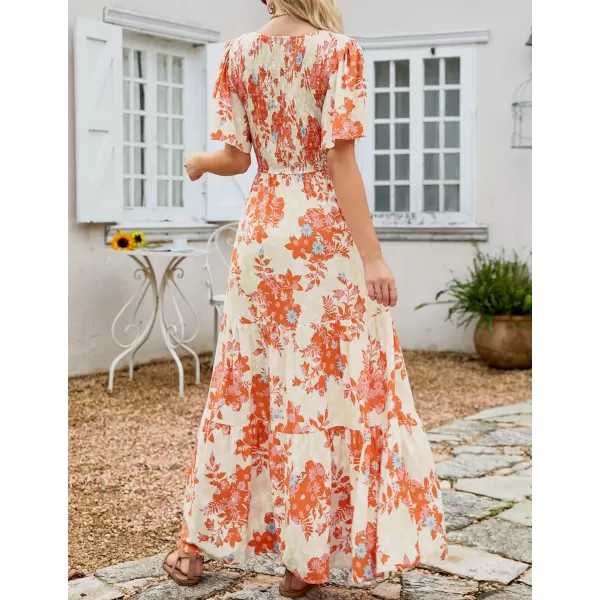 imageZESICA Womens 2023 Summer Casual Floral Print Short Flutter Sleeve Crew Neck Smocked High Waist Flowy Maxi DressTangerine