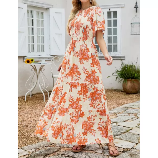 imageZESICA Womens 2023 Summer Casual Floral Print Short Flutter Sleeve Crew Neck Smocked High Waist Flowy Maxi DressTangerine