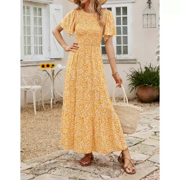 imageZESICA Womens 2023 Summer Casual Floral Print Short Flutter Sleeve Crew Neck Smocked High Waist Flowy Maxi DressYellow