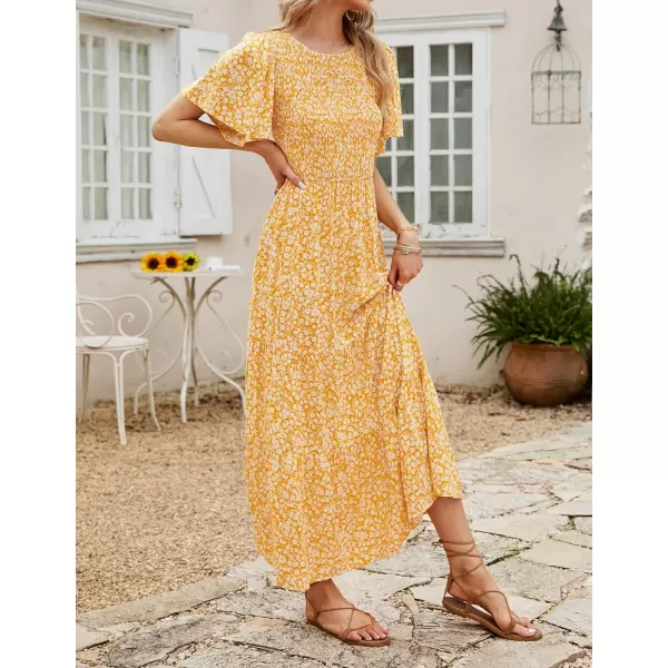 imageZESICA Womens 2023 Summer Casual Floral Print Short Flutter Sleeve Crew Neck Smocked High Waist Flowy Maxi DressYellow