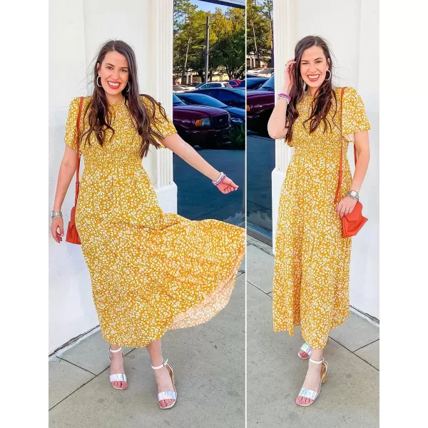 imageZESICA Womens 2023 Summer Casual Floral Print Short Flutter Sleeve Crew Neck Smocked High Waist Flowy Maxi DressYellow