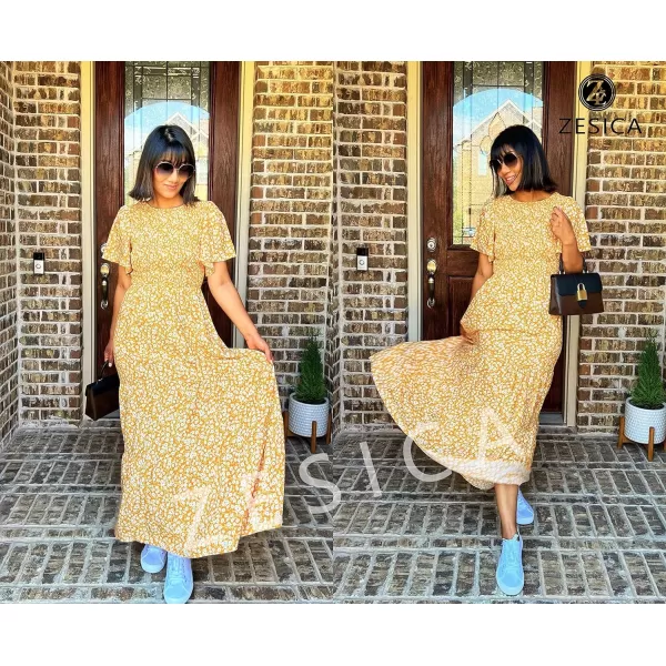 imageZESICA Womens 2023 Summer Casual Floral Print Short Flutter Sleeve Crew Neck Smocked High Waist Flowy Maxi DressYellow