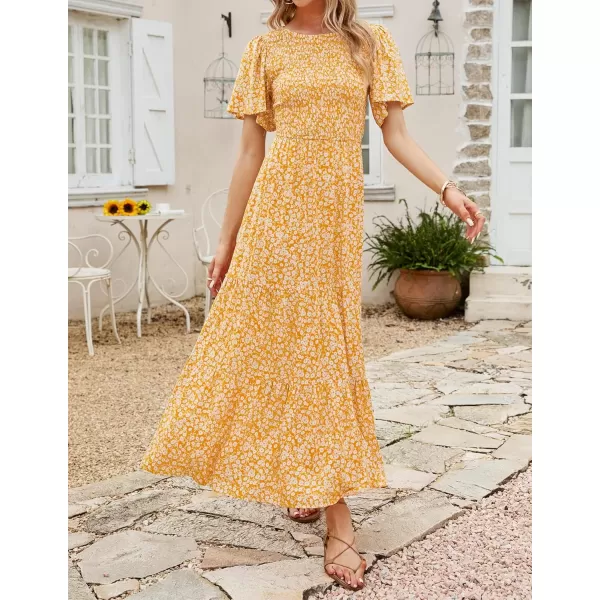 imageZESICA Womens 2023 Summer Casual Floral Print Short Flutter Sleeve Crew Neck Smocked High Waist Flowy Maxi DressYellow