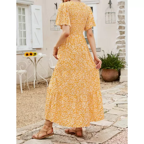 imageZESICA Womens 2023 Summer Casual Floral Print Short Flutter Sleeve Crew Neck Smocked High Waist Flowy Maxi DressYellow