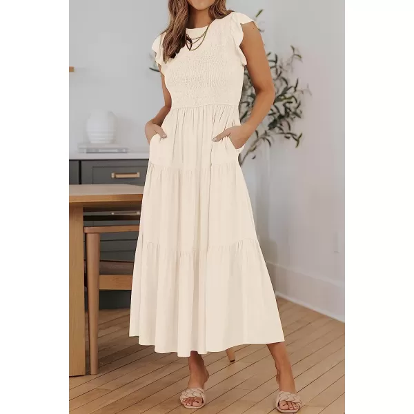 imageZESICA Womens 2023 Summer Casual Flutter Short Sleeve Crew Neck Smocked Elastic Waist Tiered Midi DressApricot