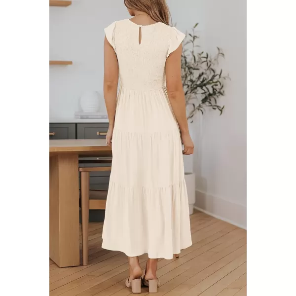 imageZESICA Womens 2023 Summer Casual Flutter Short Sleeve Crew Neck Smocked Elastic Waist Tiered Midi DressApricot