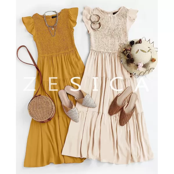 imageZESICA Womens 2023 Summer Casual Flutter Short Sleeve Crew Neck Smocked Elastic Waist Tiered Midi DressApricot