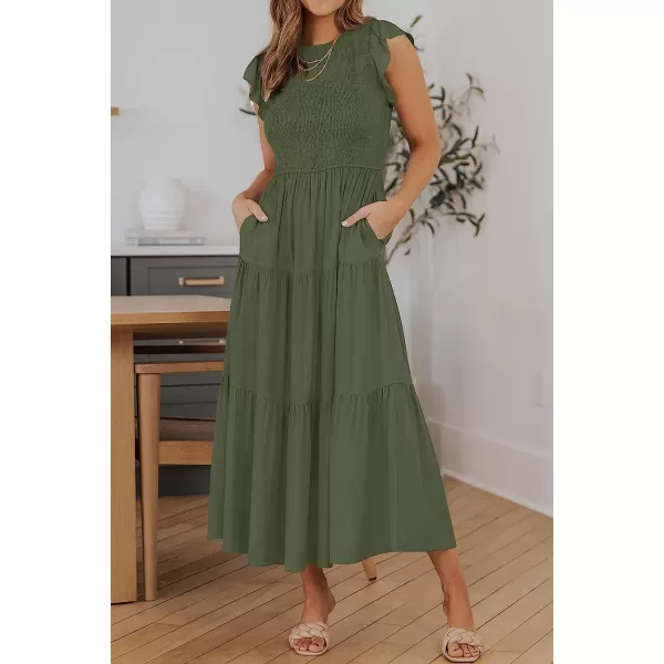 imageZESICA Womens 2023 Summer Casual Flutter Short Sleeve Crew Neck Smocked Elastic Waist Tiered Midi DressArmygreen