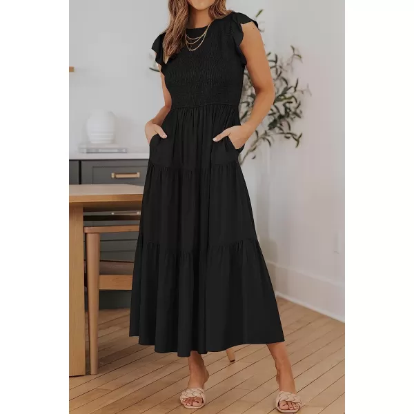 imageZESICA Womens 2023 Summer Casual Flutter Short Sleeve Crew Neck Smocked Elastic Waist Tiered Midi DressBlack