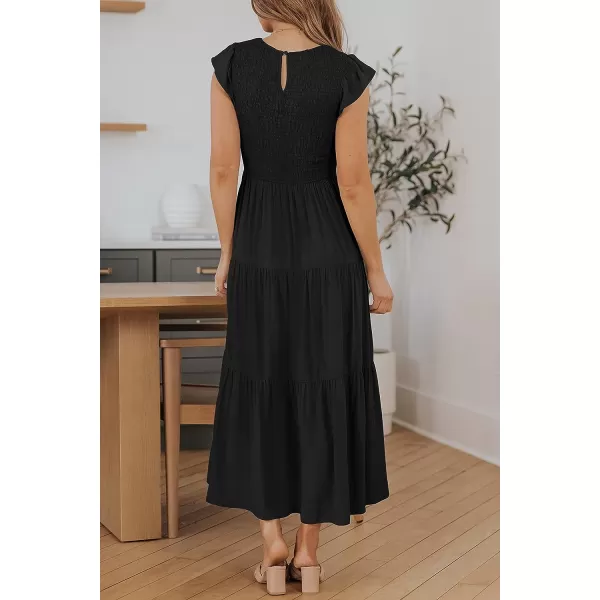 imageZESICA Womens 2023 Summer Casual Flutter Short Sleeve Crew Neck Smocked Elastic Waist Tiered Midi DressBlack