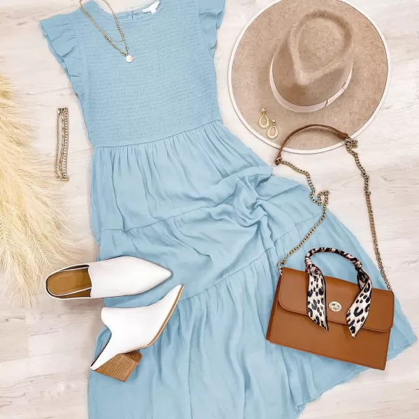 imageZESICA Womens 2023 Summer Casual Flutter Short Sleeve Crew Neck Smocked Elastic Waist Tiered Midi DressBlue
