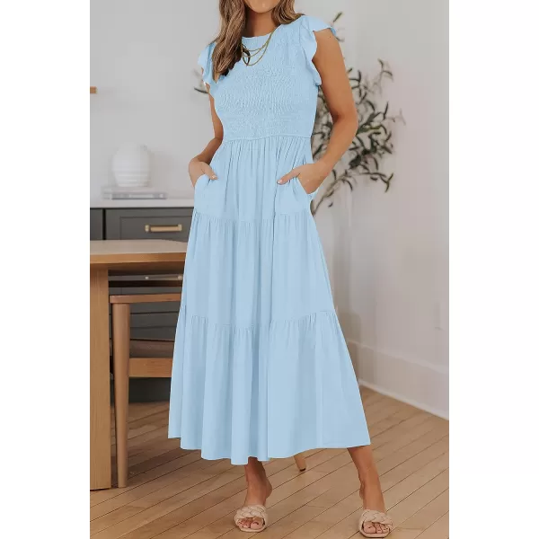 imageZESICA Womens 2023 Summer Casual Flutter Short Sleeve Crew Neck Smocked Elastic Waist Tiered Midi DressBlue