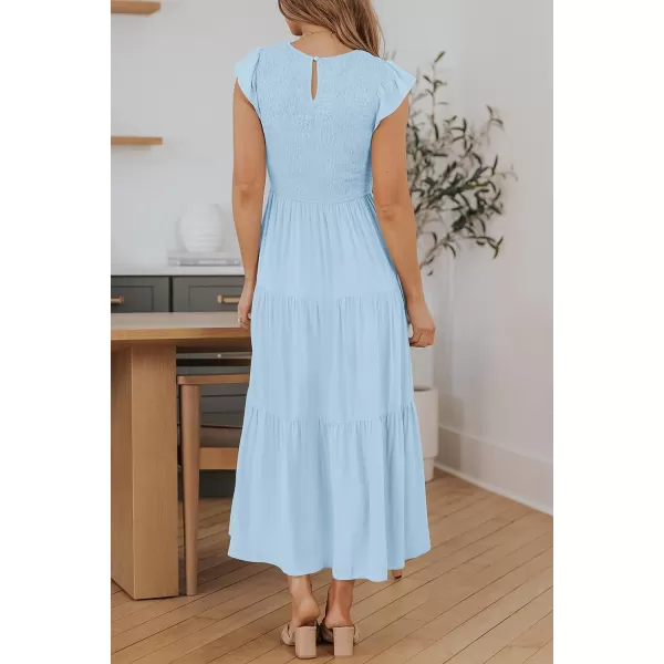 imageZESICA Womens 2023 Summer Casual Flutter Short Sleeve Crew Neck Smocked Elastic Waist Tiered Midi DressBlue
