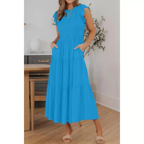 imageZESICA Womens 2023 Summer Casual Flutter Short Sleeve Crew Neck Smocked Elastic Waist Tiered Midi DressCobaltblue