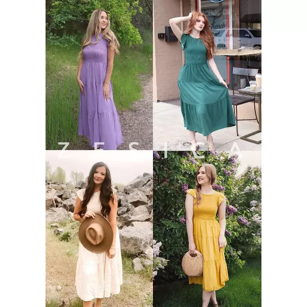 imageZESICA Womens 2023 Summer Casual Flutter Short Sleeve Crew Neck Smocked Elastic Waist Tiered Midi DressCobaltblue