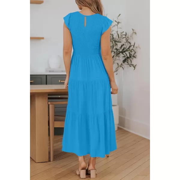 imageZESICA Womens 2023 Summer Casual Flutter Short Sleeve Crew Neck Smocked Elastic Waist Tiered Midi DressCobaltblue