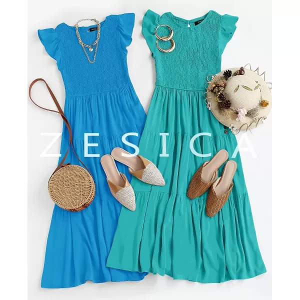 imageZESICA Womens 2023 Summer Casual Flutter Short Sleeve Crew Neck Smocked Elastic Waist Tiered Midi DressCobaltblue