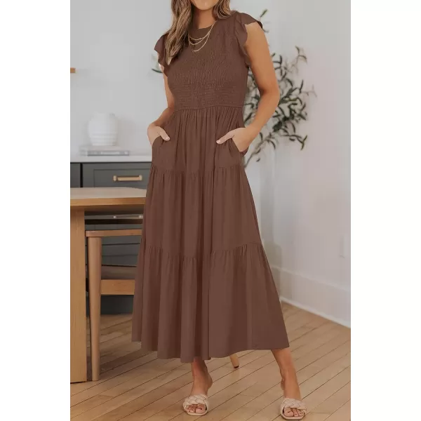 imageZESICA Womens 2023 Summer Casual Flutter Short Sleeve Crew Neck Smocked Elastic Waist Tiered Midi DressCoffee