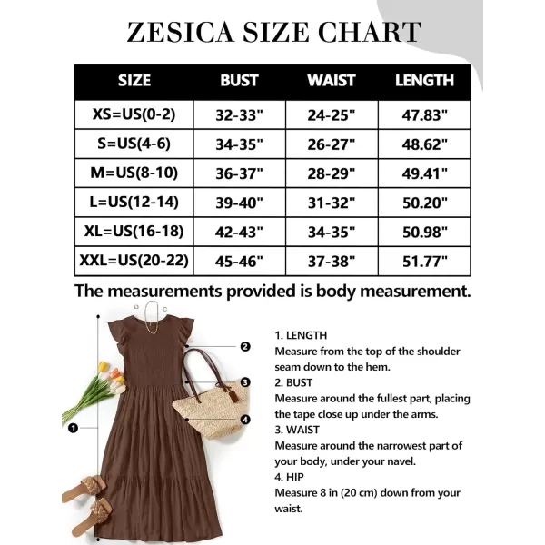 imageZESICA Womens 2023 Summer Casual Flutter Short Sleeve Crew Neck Smocked Elastic Waist Tiered Midi DressCoffee