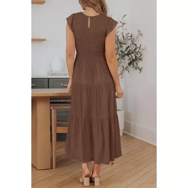 imageZESICA Womens 2023 Summer Casual Flutter Short Sleeve Crew Neck Smocked Elastic Waist Tiered Midi DressCoffee