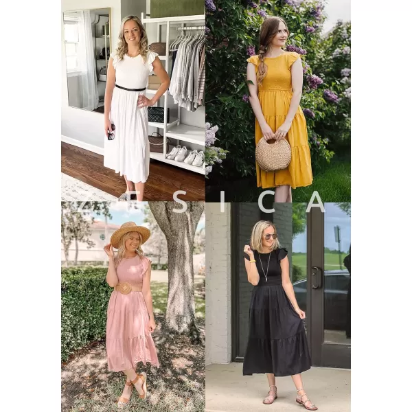 imageZESICA Womens 2023 Summer Casual Flutter Short Sleeve Crew Neck Smocked Elastic Waist Tiered Midi DressCoffee