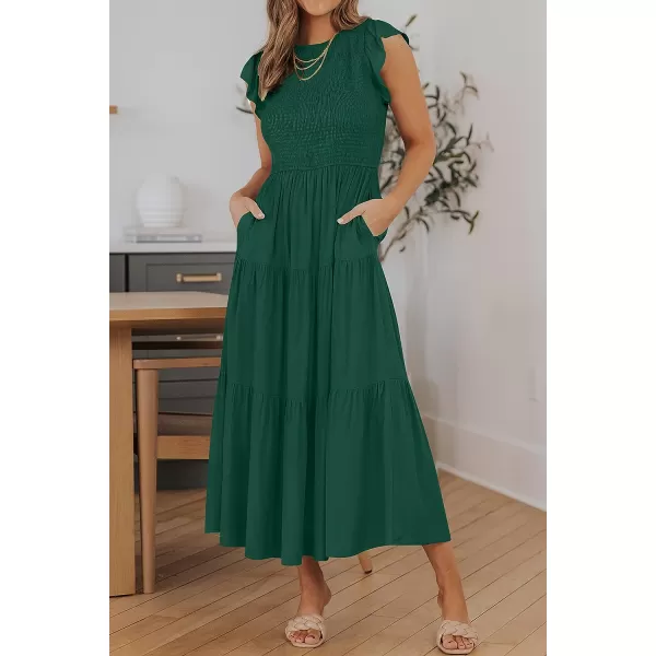 imageZESICA Womens 2023 Summer Casual Flutter Short Sleeve Crew Neck Smocked Elastic Waist Tiered Midi DressDarkgreen
