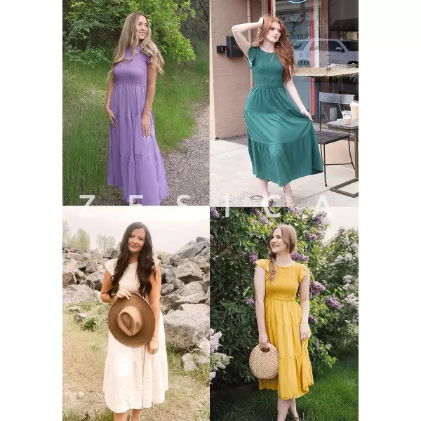 imageZESICA Womens 2023 Summer Casual Flutter Short Sleeve Crew Neck Smocked Elastic Waist Tiered Midi DressDarkgreen