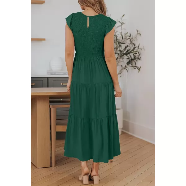 imageZESICA Womens 2023 Summer Casual Flutter Short Sleeve Crew Neck Smocked Elastic Waist Tiered Midi DressDarkgreen