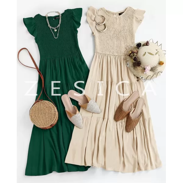 imageZESICA Womens 2023 Summer Casual Flutter Short Sleeve Crew Neck Smocked Elastic Waist Tiered Midi DressDarkgreen