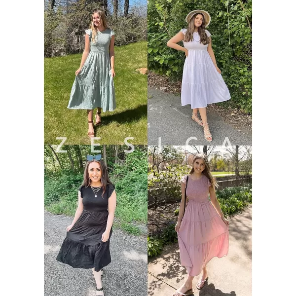 imageZESICA Womens 2023 Summer Casual Flutter Short Sleeve Crew Neck Smocked Elastic Waist Tiered Midi DressDarkpink
