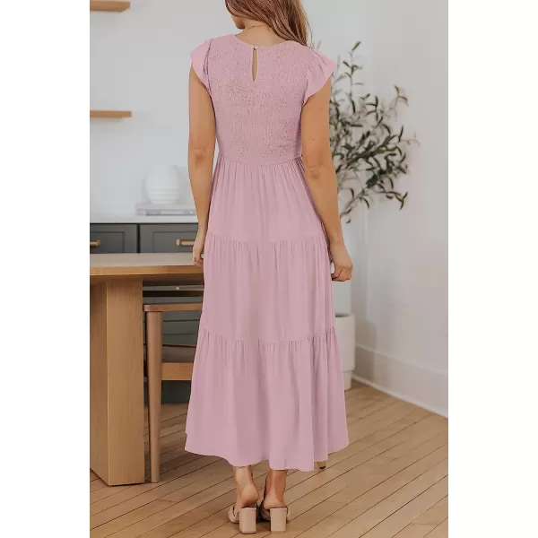 imageZESICA Womens 2023 Summer Casual Flutter Short Sleeve Crew Neck Smocked Elastic Waist Tiered Midi DressDarkpink