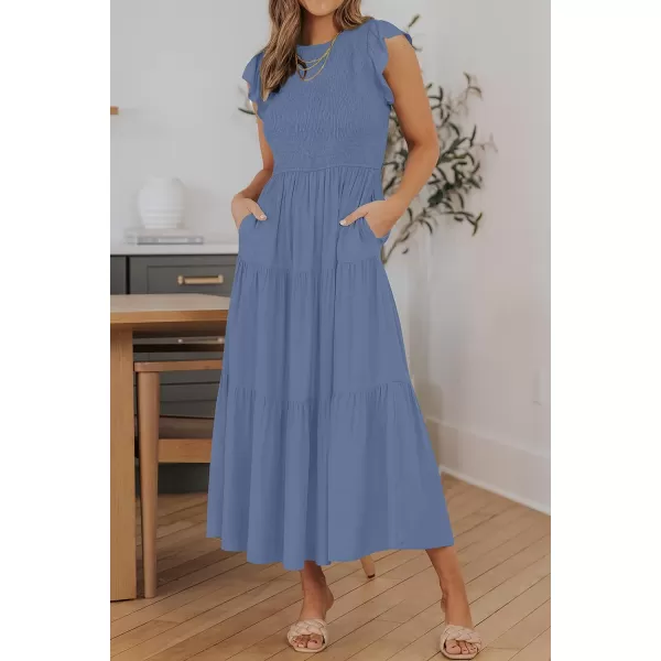 imageZESICA Womens 2023 Summer Casual Flutter Short Sleeve Crew Neck Smocked Elastic Waist Tiered Midi DressDustyblue