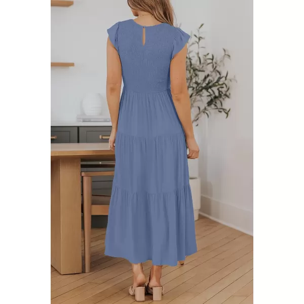 imageZESICA Womens 2023 Summer Casual Flutter Short Sleeve Crew Neck Smocked Elastic Waist Tiered Midi DressDustyblue