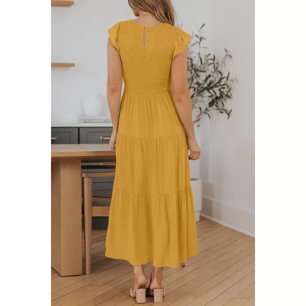 imageZESICA Womens 2023 Summer Casual Flutter Short Sleeve Crew Neck Smocked Elastic Waist Tiered Midi DressGinger