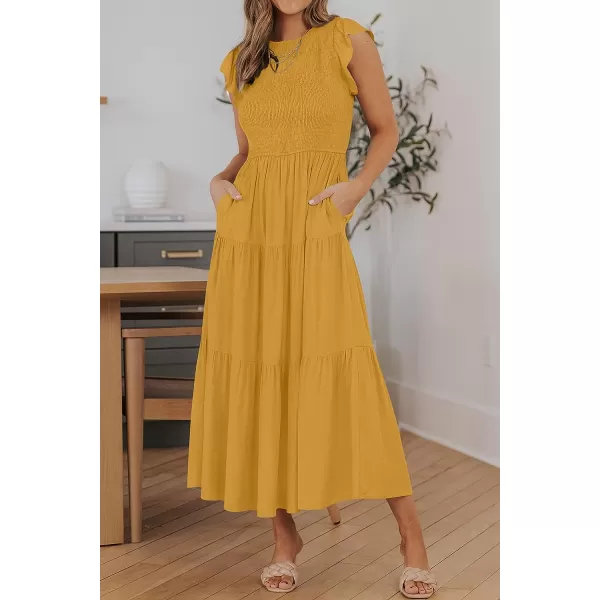 imageZESICA Womens 2023 Summer Casual Flutter Short Sleeve Crew Neck Smocked Elastic Waist Tiered Midi DressGinger