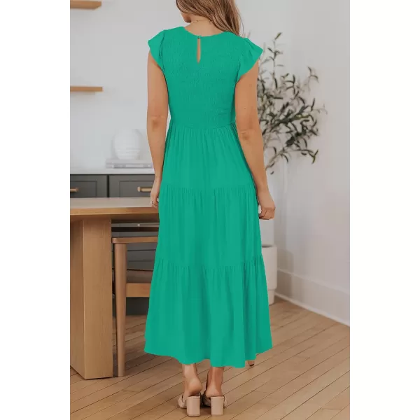 imageZESICA Womens 2023 Summer Casual Flutter Short Sleeve Crew Neck Smocked Elastic Waist Tiered Midi DressGreen