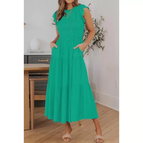 imageZESICA Womens 2023 Summer Casual Flutter Short Sleeve Crew Neck Smocked Elastic Waist Tiered Midi DressGreen